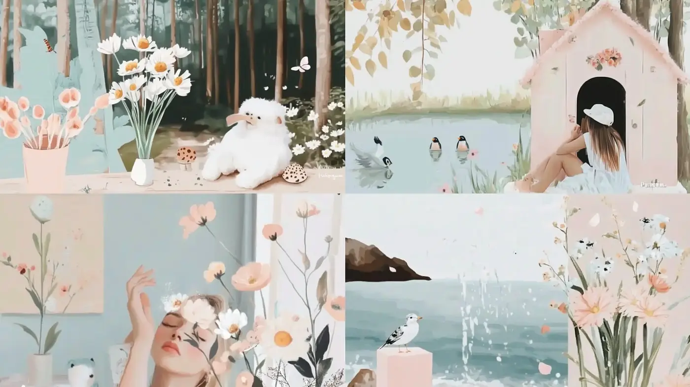 Pastoral Serenity with Whimsical Flora: A Cohesive Blend of Tranquil Pastels and Delicate Brushwork - Midjourney sref style