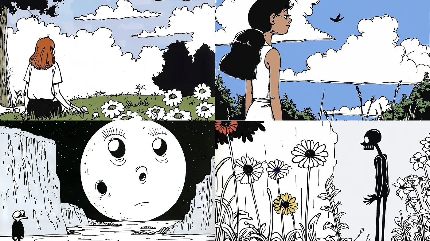 Stylized Monochrome Dreamscape with Surrealist Overtones - Midjourney sref style
