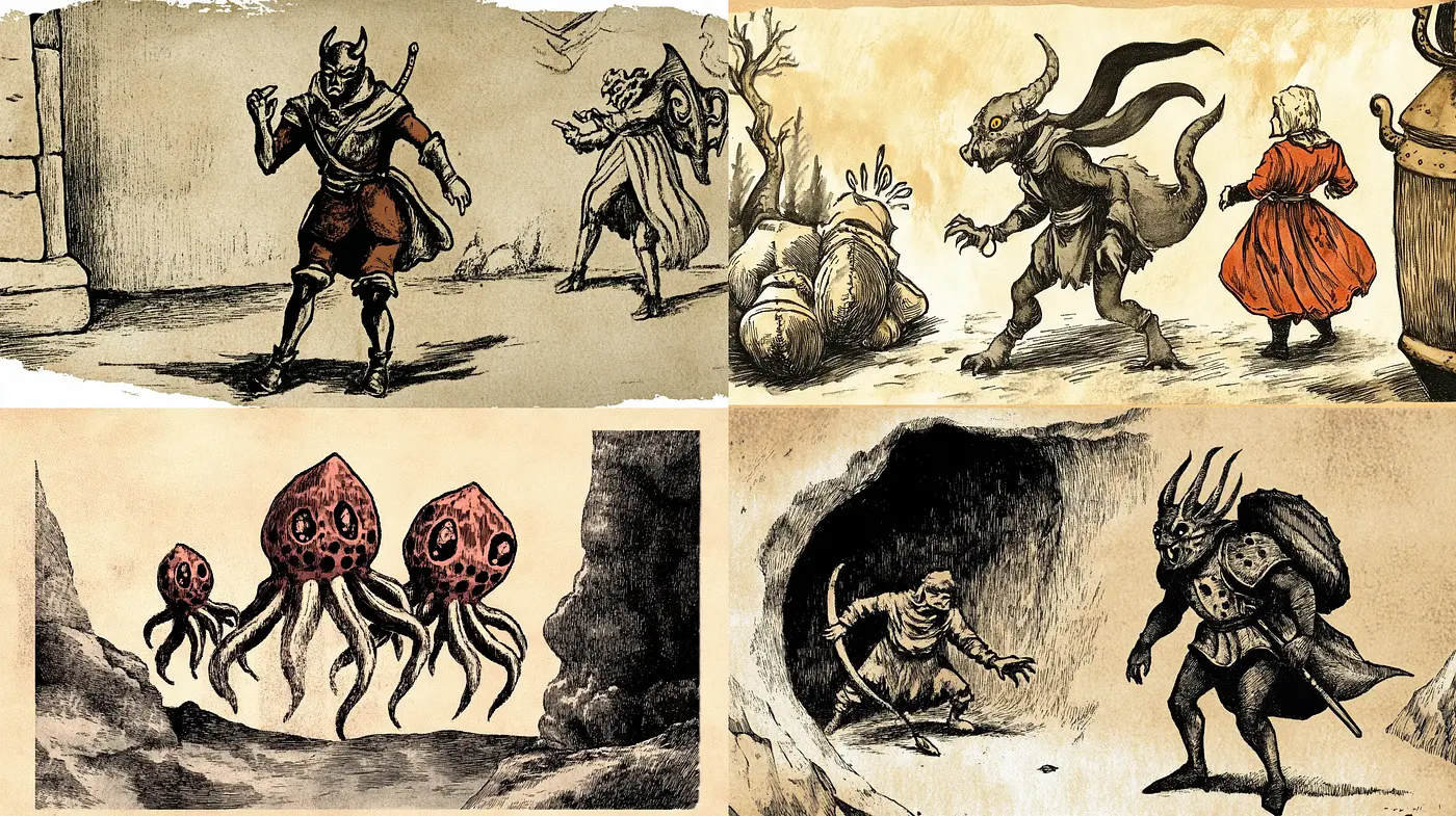 Ethereal Myths in Monochromatic Ink: A Homage to Ancient Folklore - Midjourney sref style