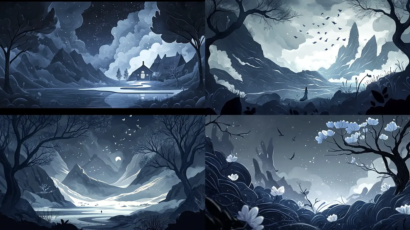 Monochromatic Fantasia: A Journey Through Stylized Moonlit Landscapes - Midjourney sref style