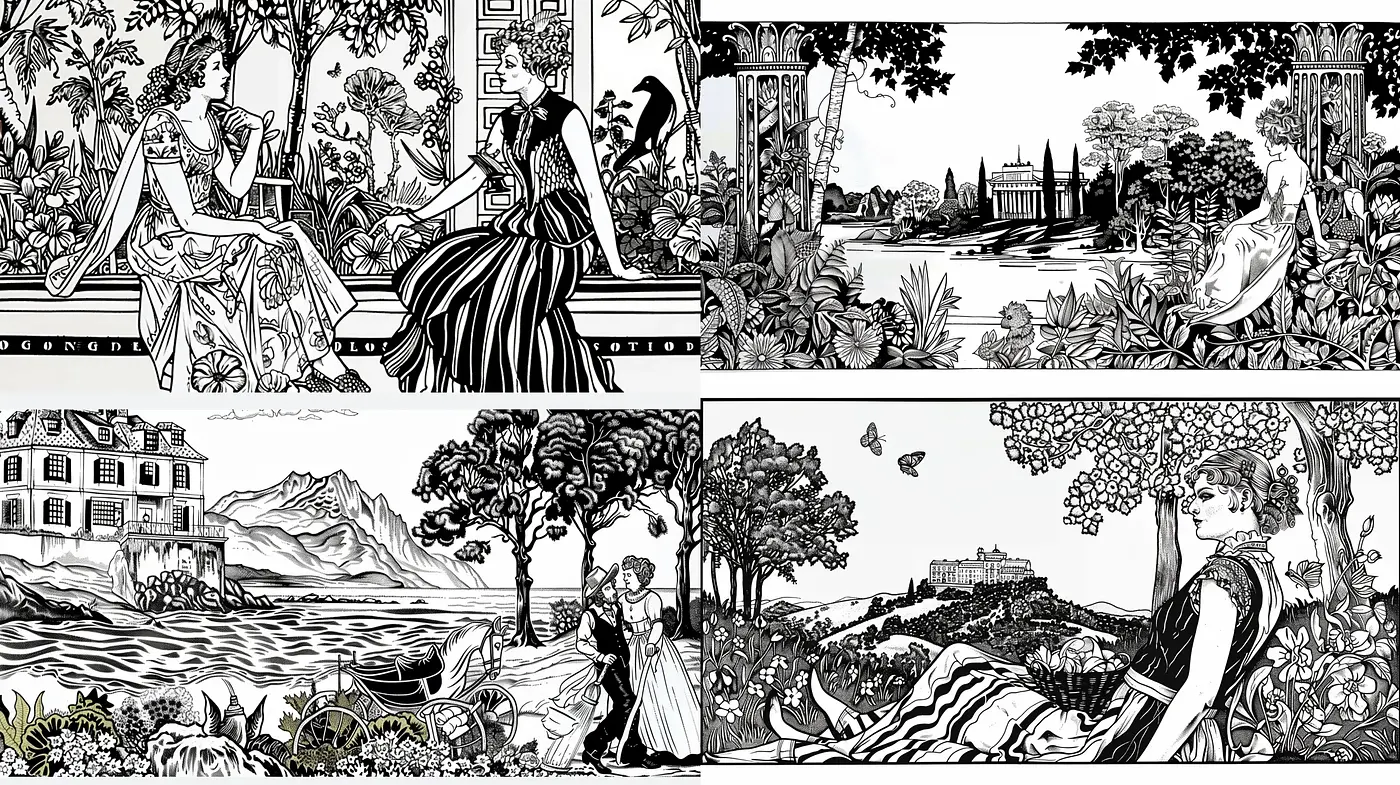 Engraved Nostalgia: Consistent Monochromatic Visions of Idyllic Scenes - Midjourney sref style