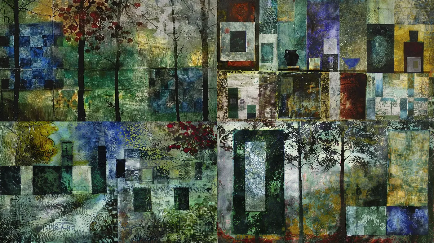 Abstract Patchwork of Melancholic Hues and Textured Mosaics - Midjourney sref style