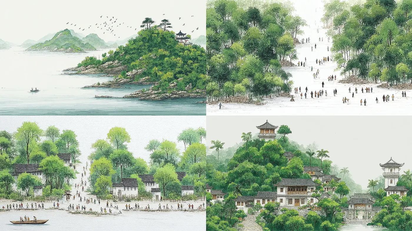 Tranquil Scenic Landscapes with Subtle Human Interaction - Midjourney sref style