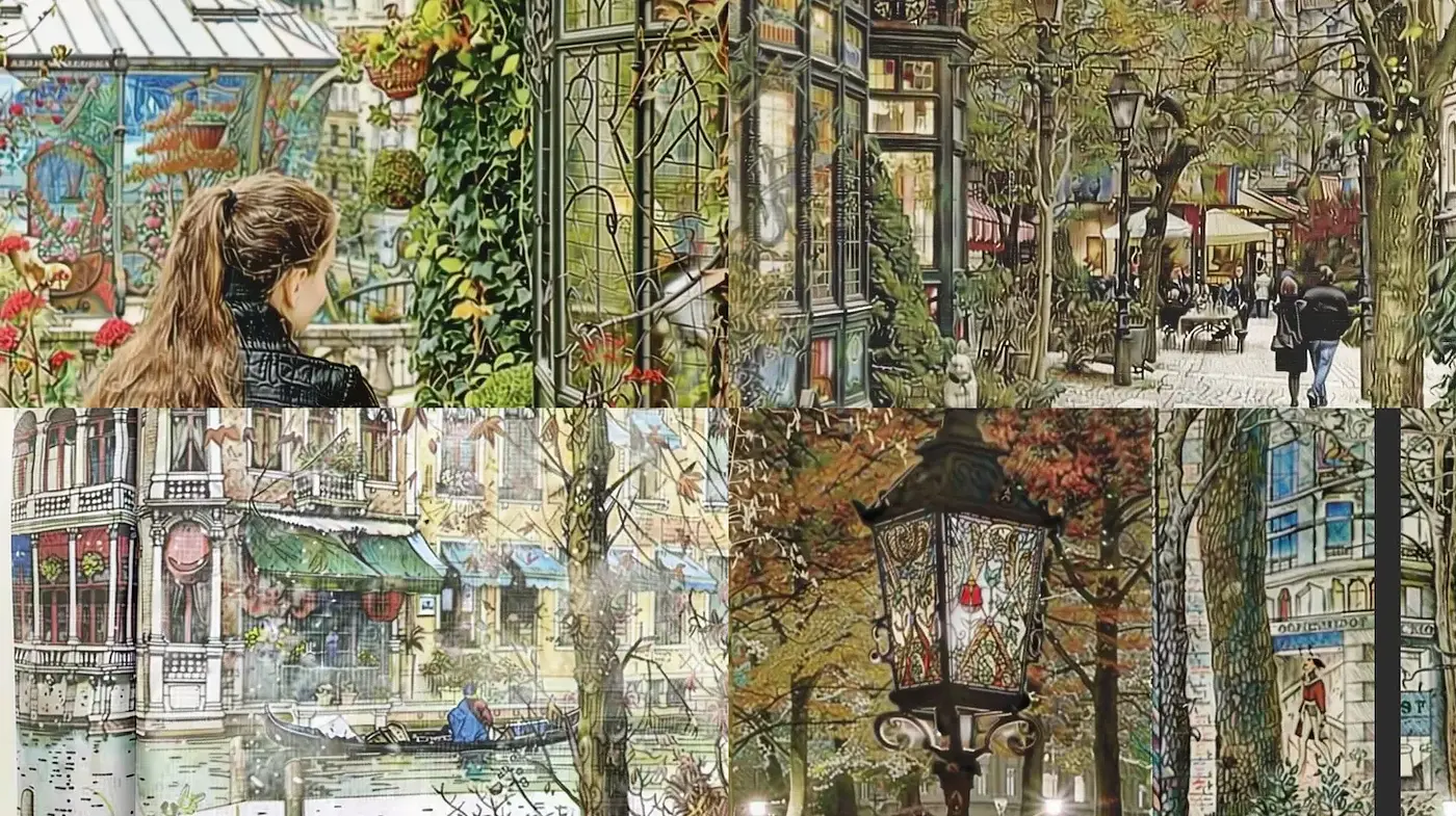 Charming Urban Landscapes with a Touch of Nostalgia and Nature - Midjourney sref style