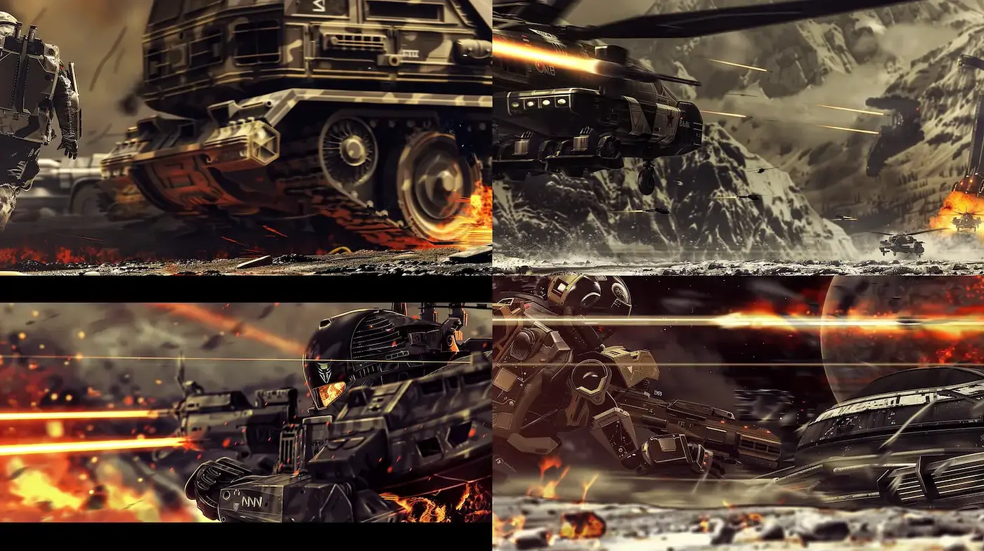 Dynamic and Intense Sci-Fi Landscapes with Mechanical Elements - Midjourney sref style