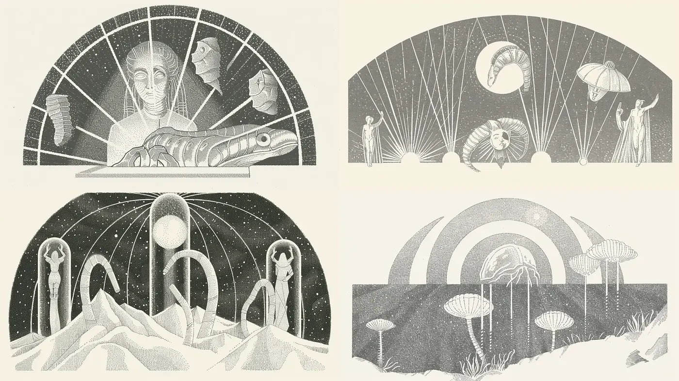Arcane Reverie: A Retro-Futuristic Art Nouveau Exploration - Midjourney sref style