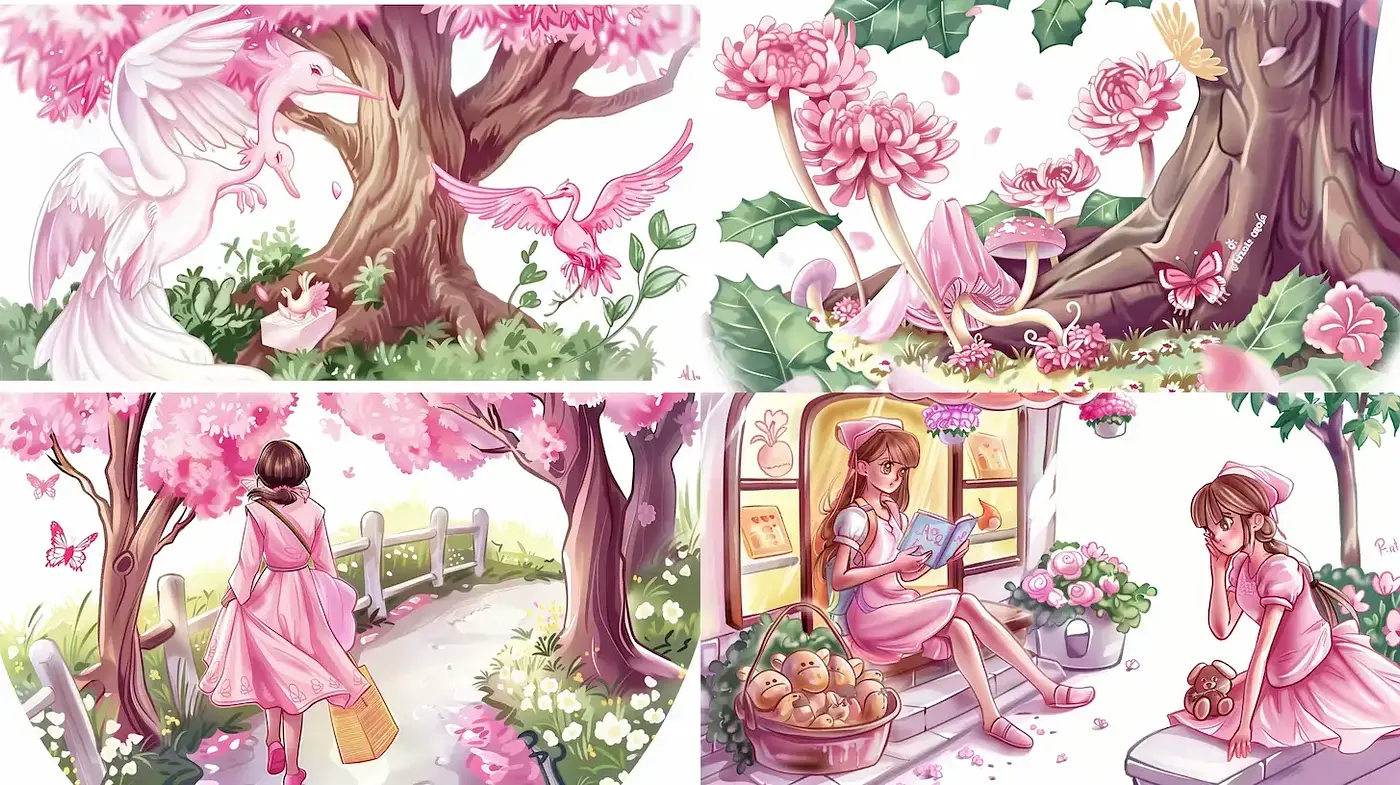Whimsical Floral Dreamscape with Charming Characters - Midjourney sref style