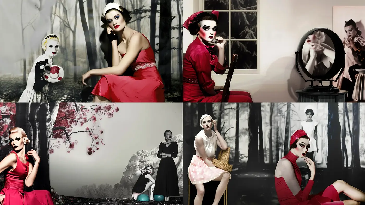 Surreal Noir Drama with a Vivid Crimson Accent - Midjourney sref style
