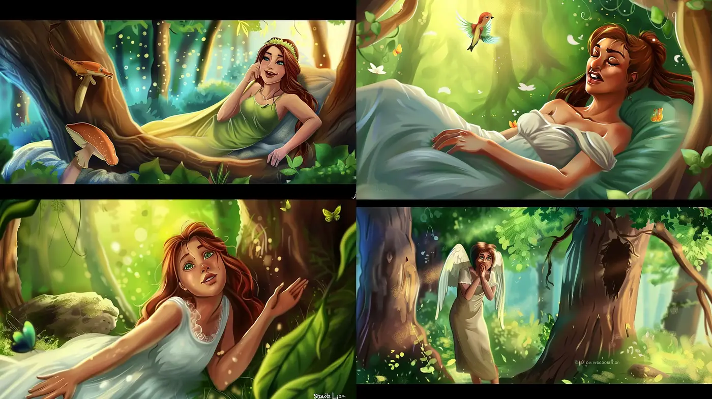 Enchanted Woodland Reverie - A Harmonious Blend of Colors and Light in a Fairytale Illustration Style - Midjourney sref style