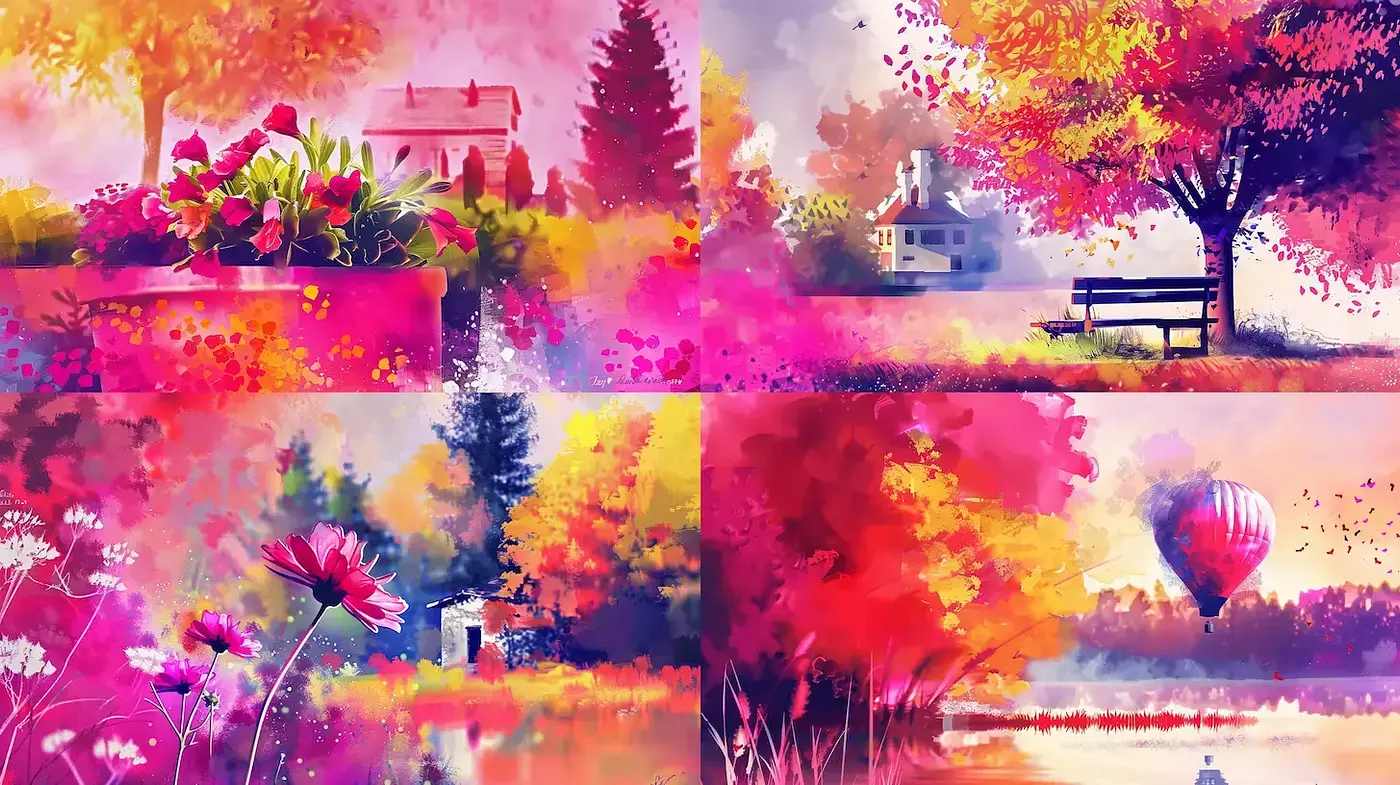 Vibrant and Dreamlike Landscape Aesthetic with Floral Elements - Midjourney sref style