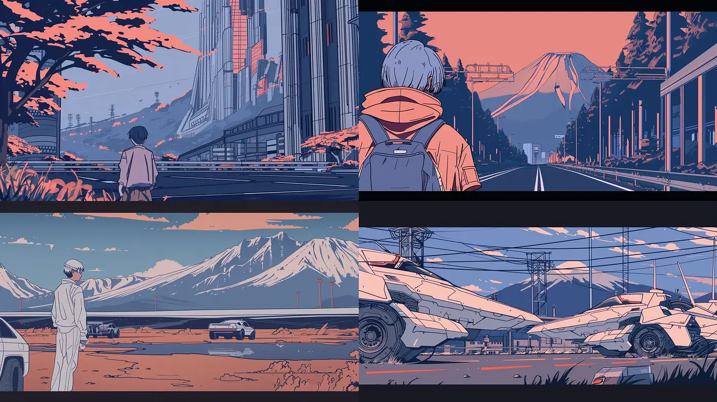 Twilight Hues and Futuristic Nostalgia in Line Art Illustration - Midjourney sref style