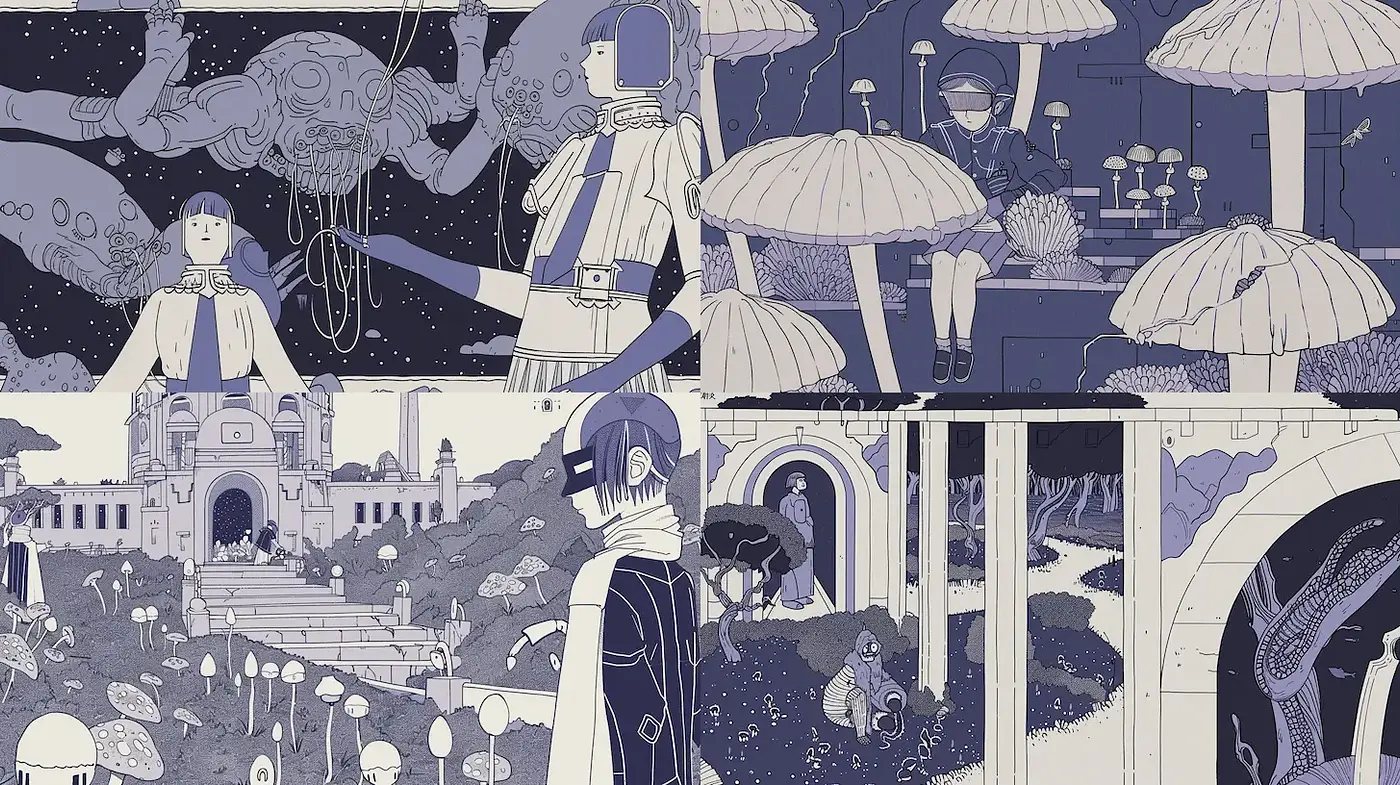 Futuristic yet whimsical illustration style with rich textures and surreal elements - Midjourney sref style