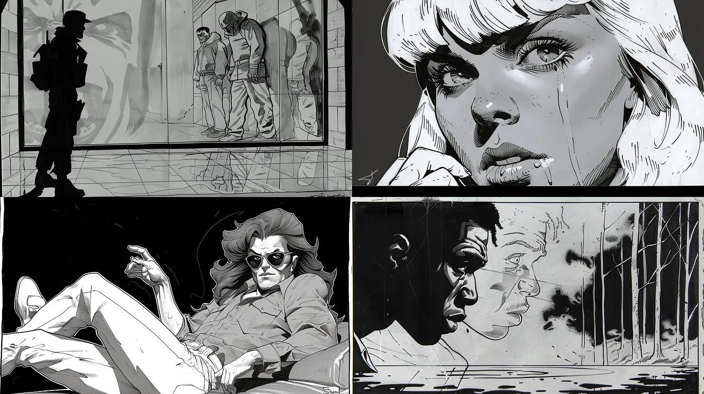 Monochromatic Emotive Noir: A Study in High-Contrast Comic Book Artistry - Midjourney sref style