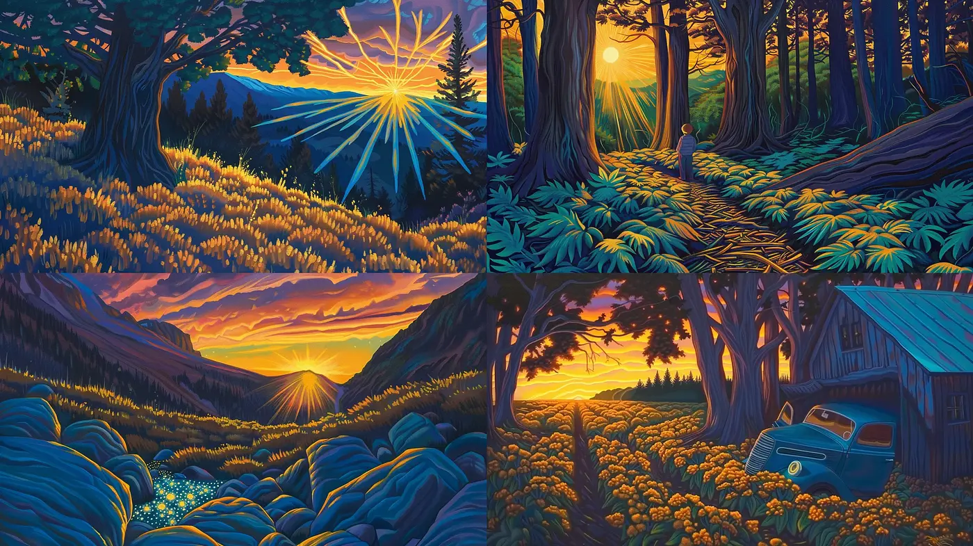 Luminous Twilight Hues in Stylized Nature Vistas - Midjourney sref style