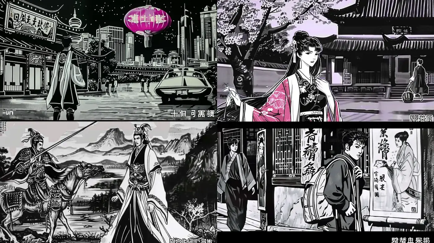 Dynamic and stylized black-and-white artwork with elements of traditional and modern influence - Midjourney sref style