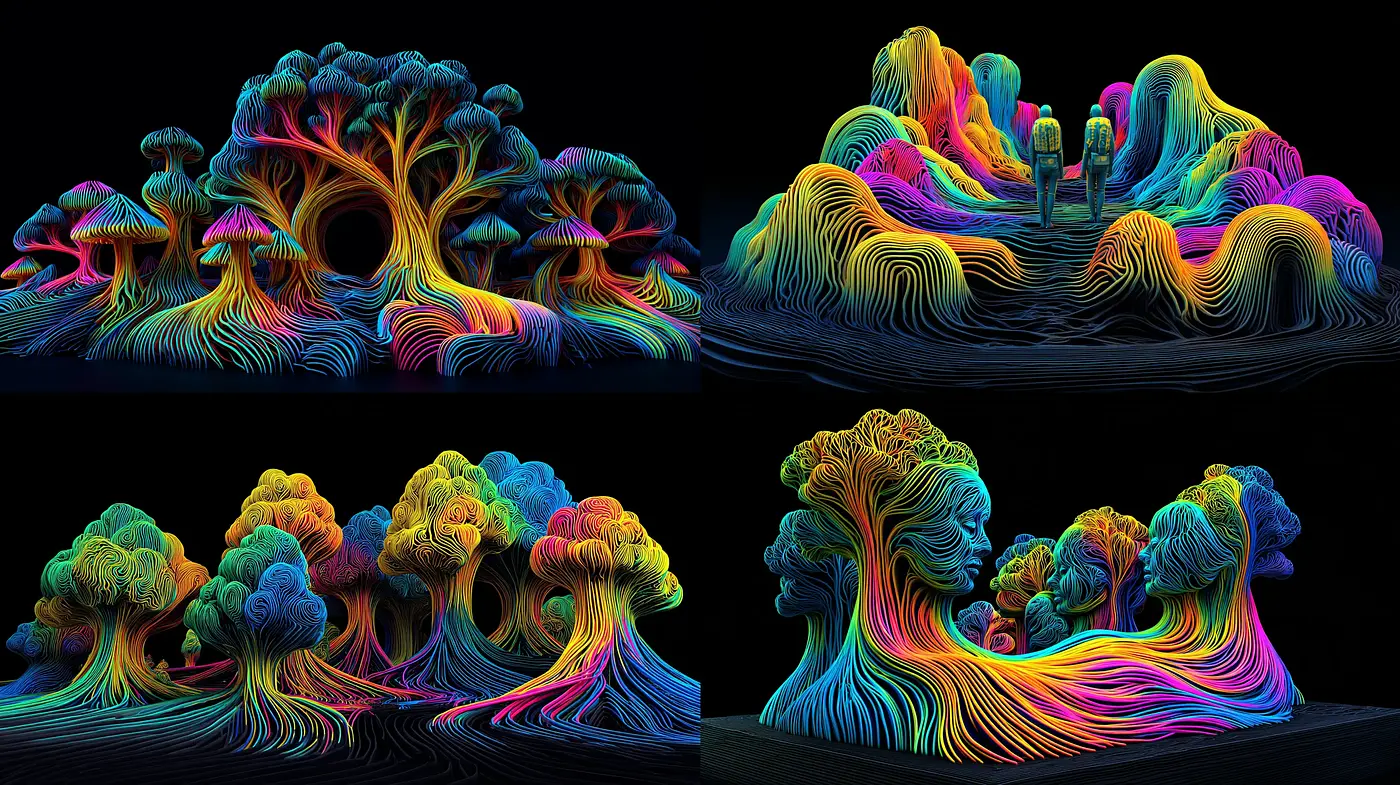 Vibrant and Whimsical Worlds with Flowing Forms - Midjourney sref style