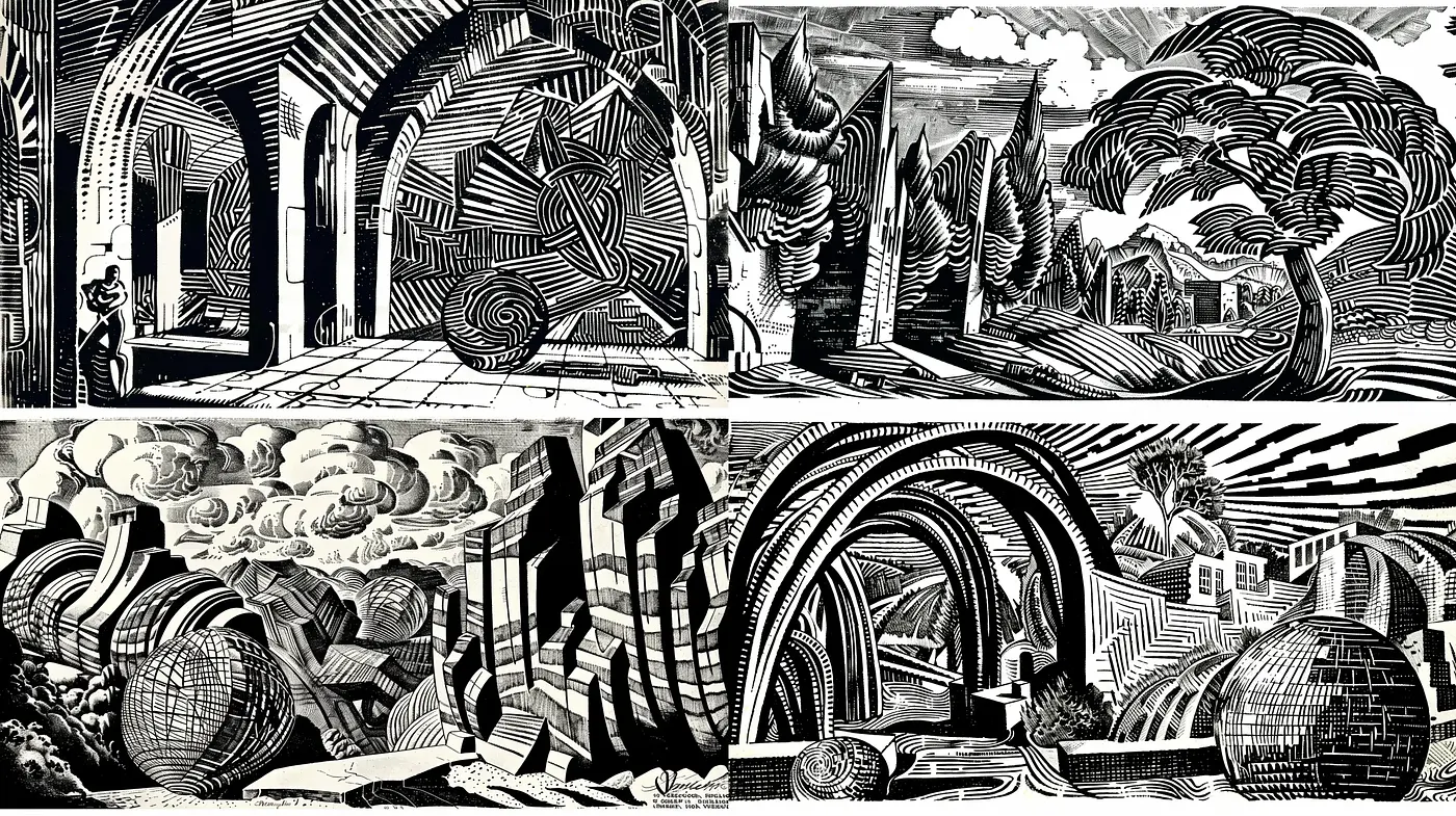 Monochromatic Surrealist Dreamscape with Escheresque Overtones - Midjourney sref style