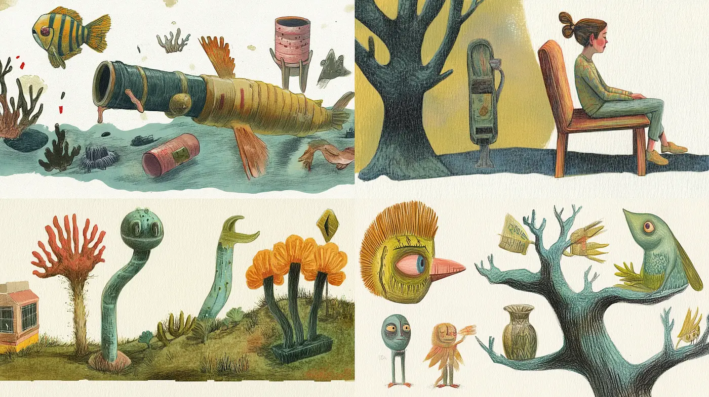 Whimsical Storybook Illustrations with a Surrealist Twist - Midjourney sref style