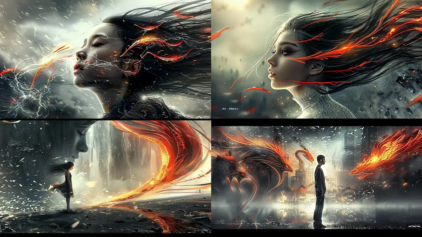 Dynamic, ethereal artwork with a blend of modern fantasy elements and dramatic lighting - Midjourney sref style