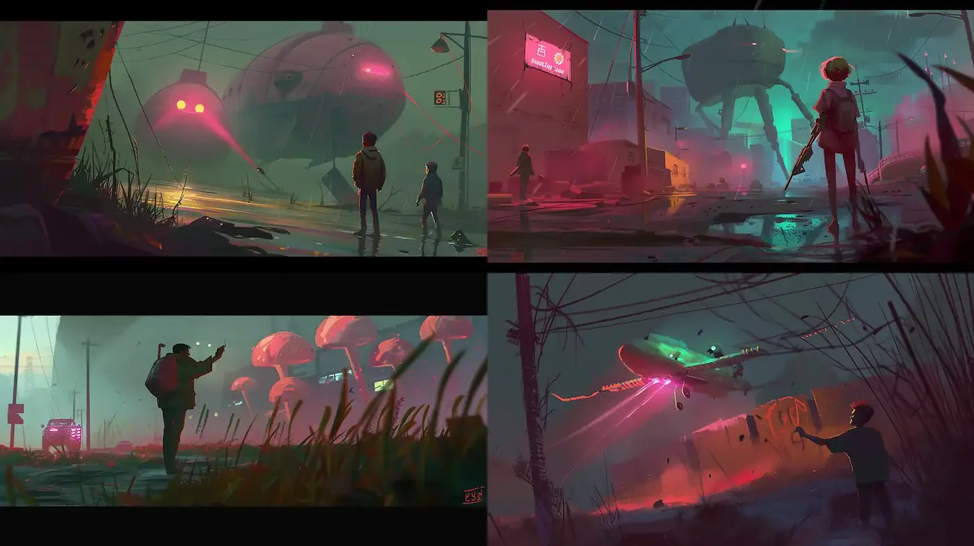 Futuristic Surrealism with Neon Highlights and Atmospheric Depth - Midjourney sref style