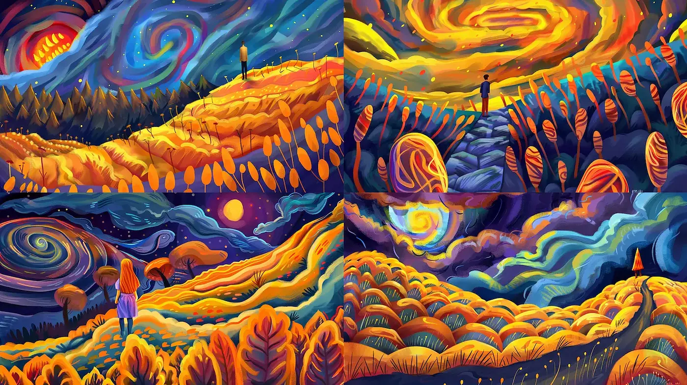 Vibrant and Dreamlike Landscapes with Cosmic Elements - Midjourney sref style