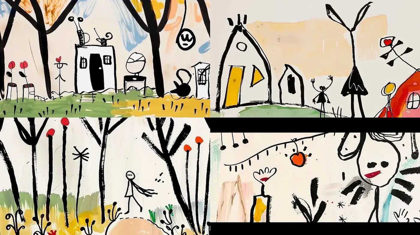 Whimsical and Childlike Illustrative Style with Bold Colors - Midjourney sref style