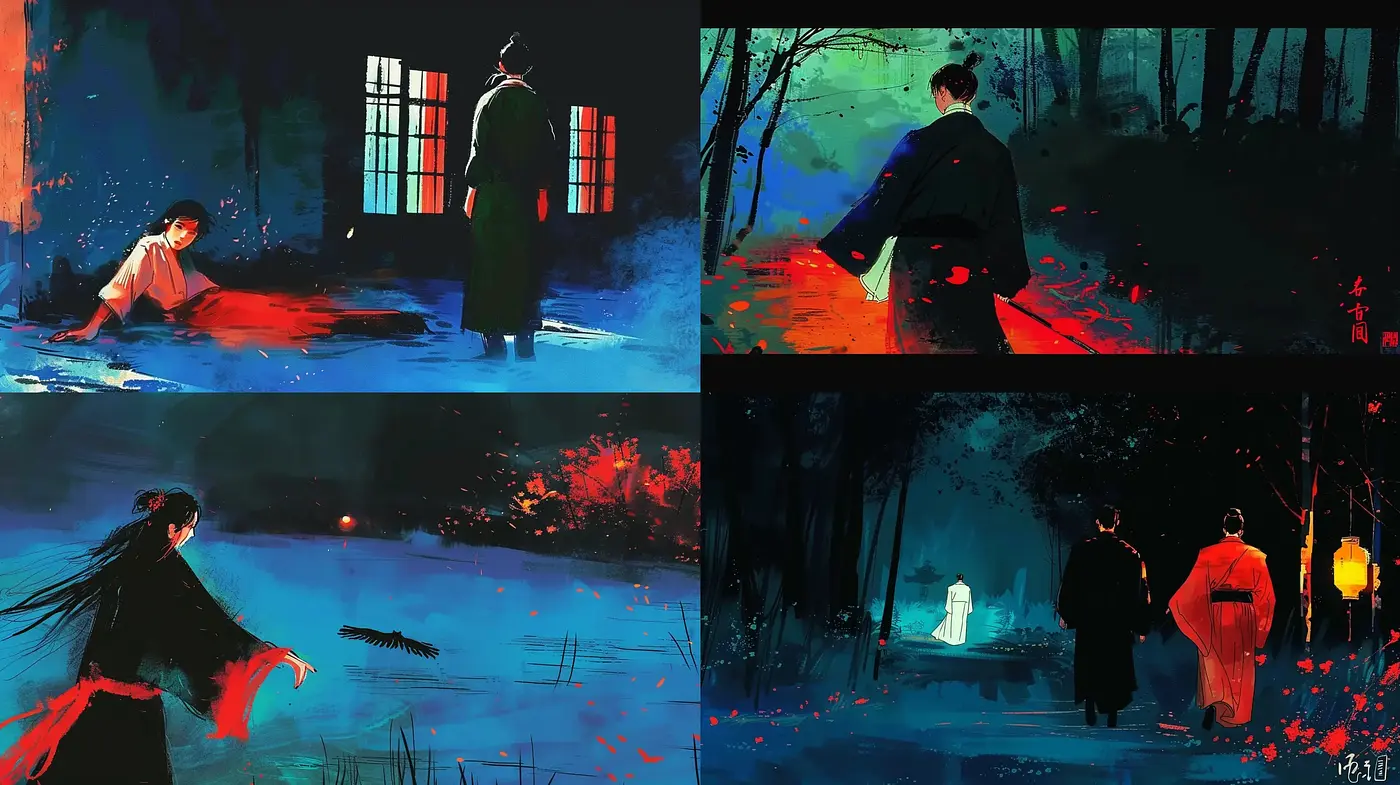 Nocturnal Tales in Dynamic Brushstrokes: A Cinematic Journey - Midjourney sref style