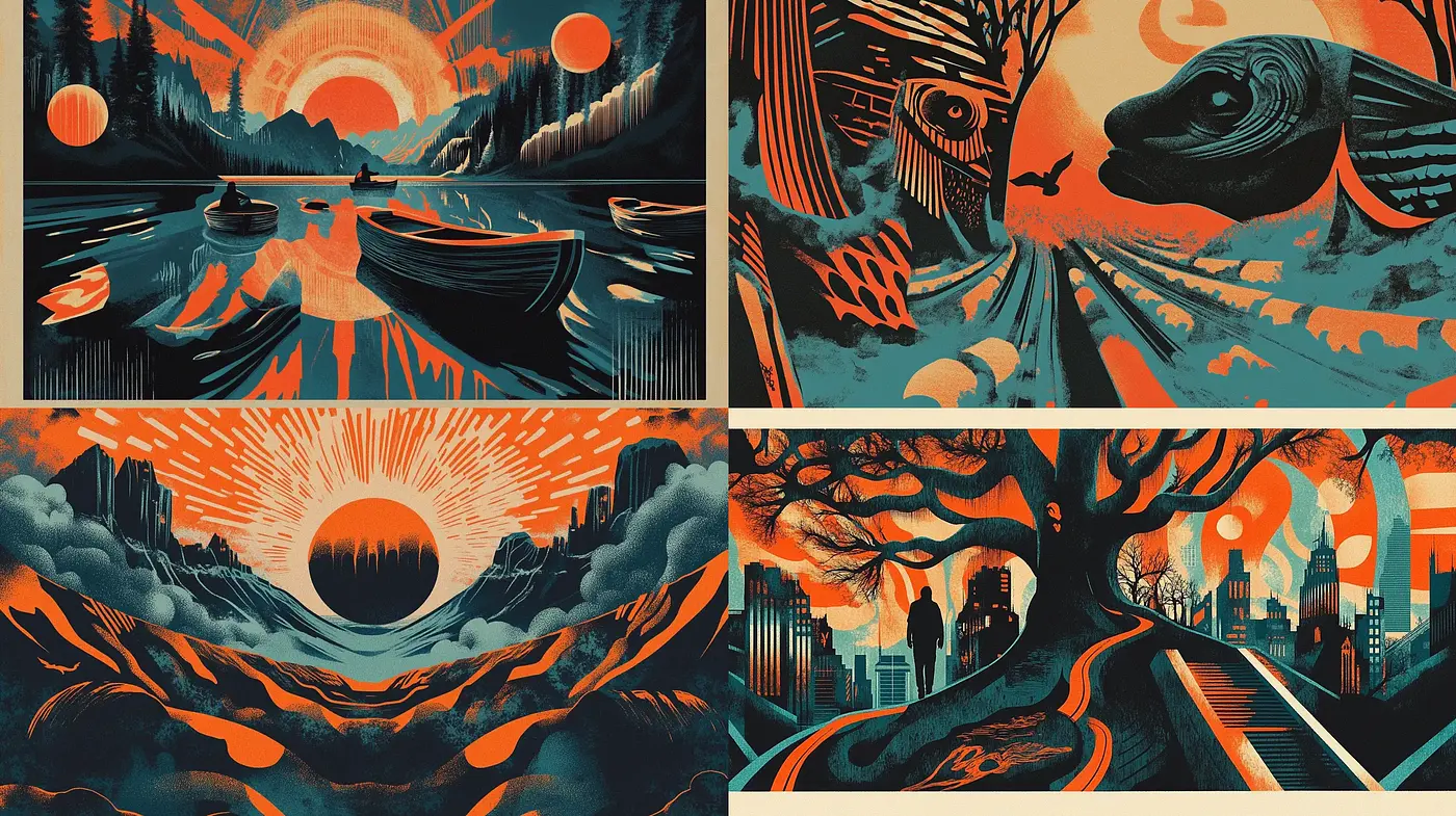 Surreal Twilight Hues with a Stylized Retro-Futuristic Touch - Midjourney sref style