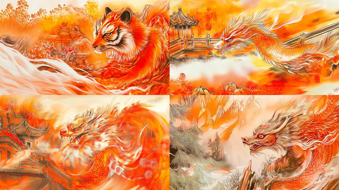 Ethereal Eastern Mythos: A Tapestry of Warm Hues and Dragon Lore - Midjourney sref style
