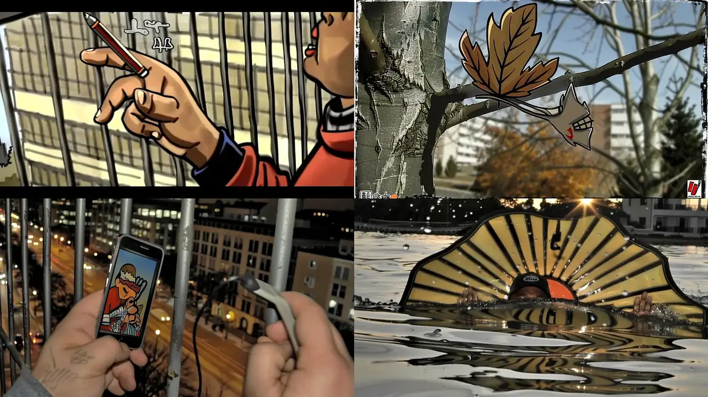 Dynamic Visual Storytelling Blending Urban Life with Whimsical Elements - Midjourney sref style