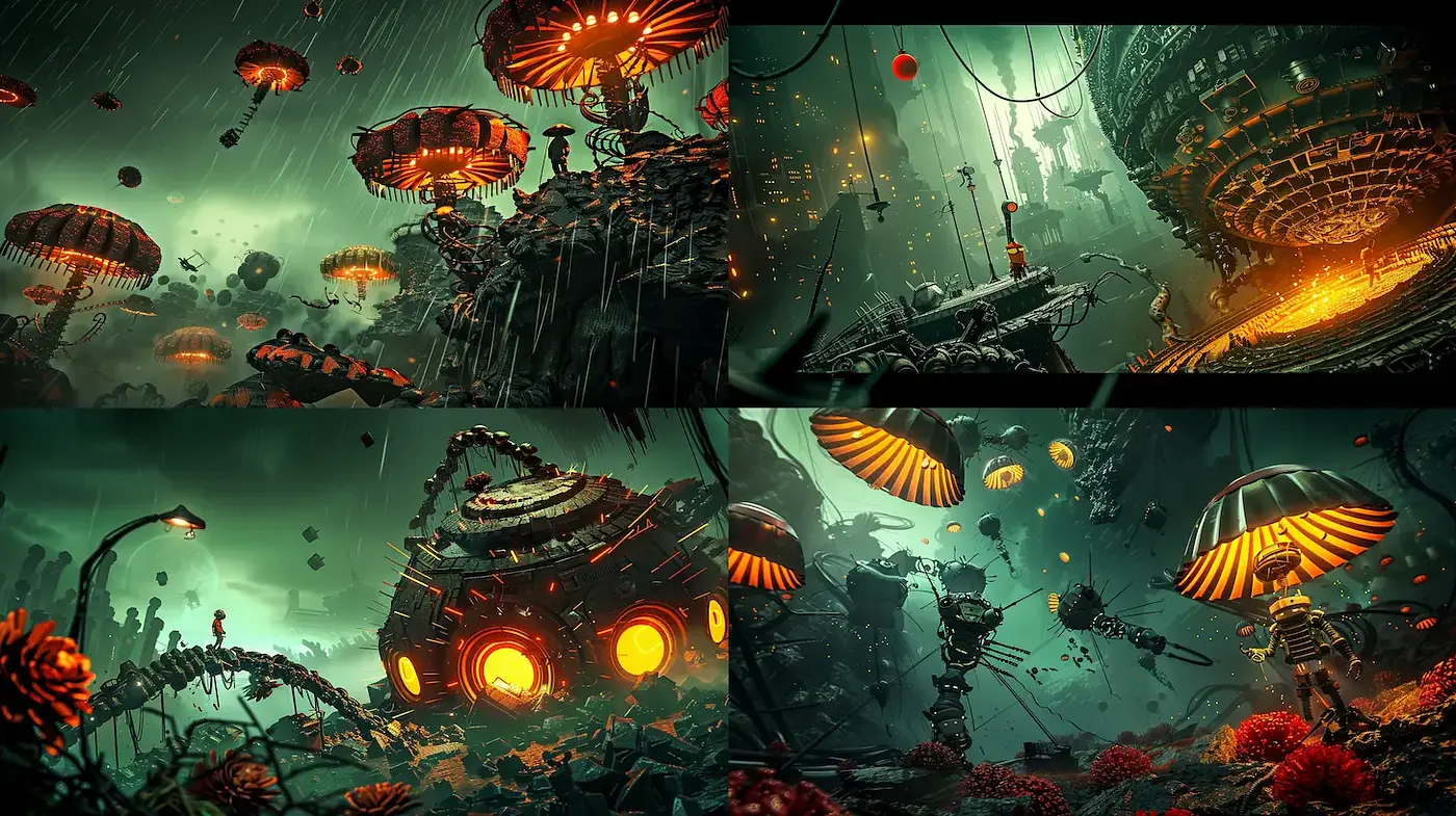 Surrealistic sci-fi landscape with bioluminescent elements and intricate machinery - Midjourney sref style