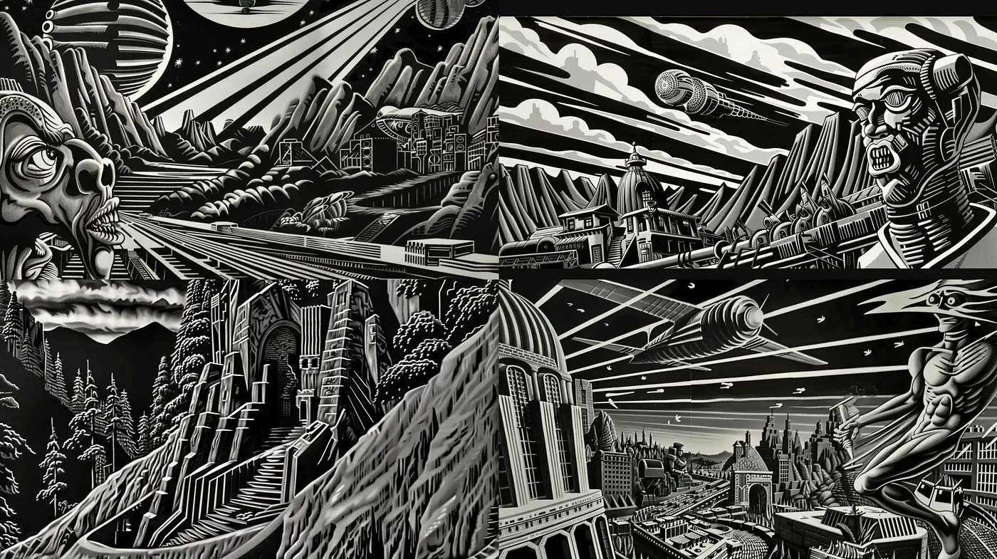 Monochromatic Dreamscape in Dynamic Linear Contrast - Midjourney sref style