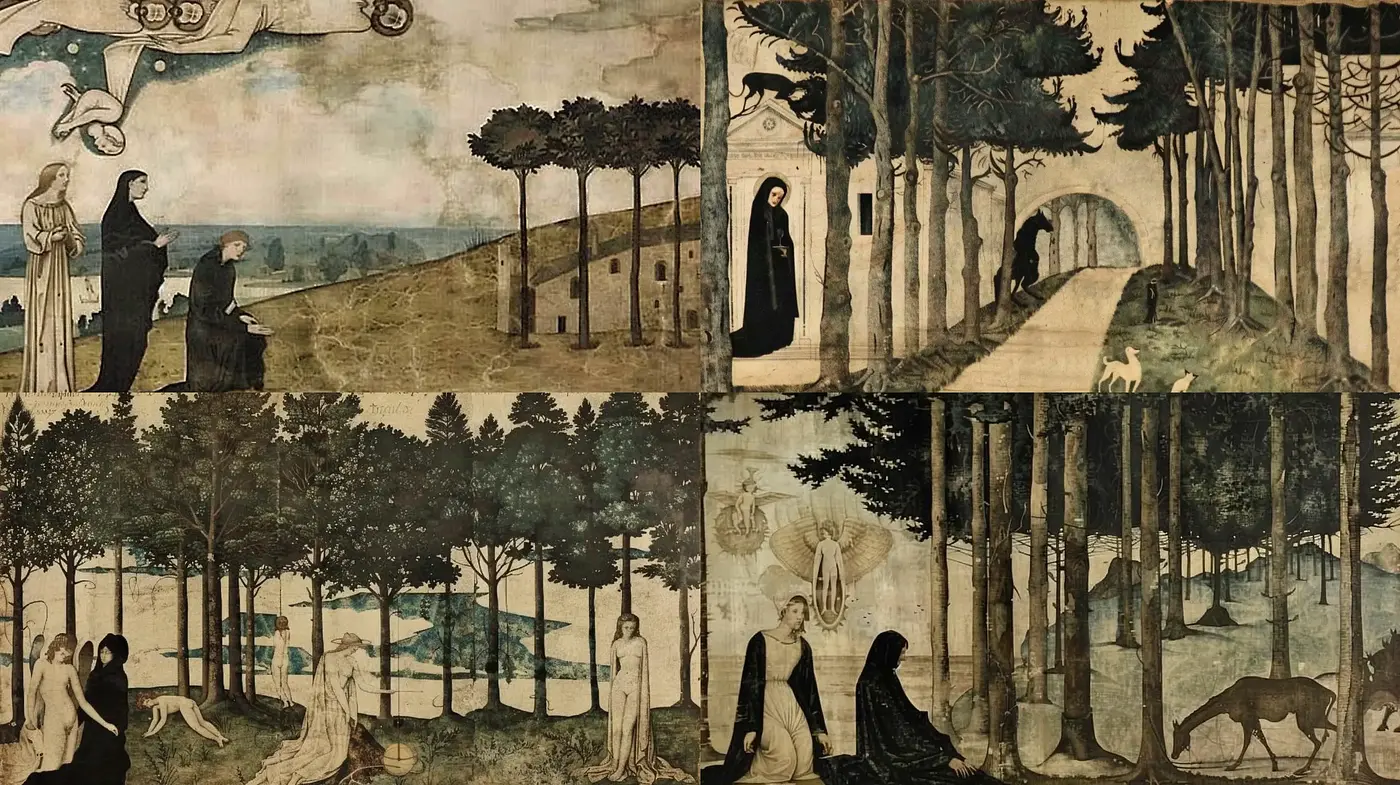 Ethereal Monochrome Tapestry: A Harmony of Nature and Mythology - Midjourney sref style