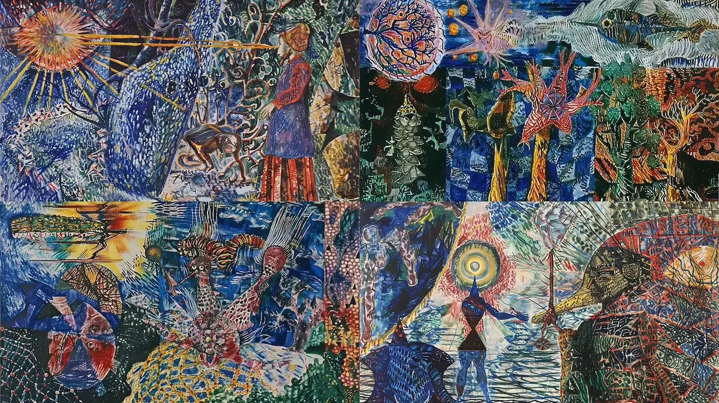 Vivid Expressionism with Abstract Elements and Cultural Symbolism - Midjourney sref style
