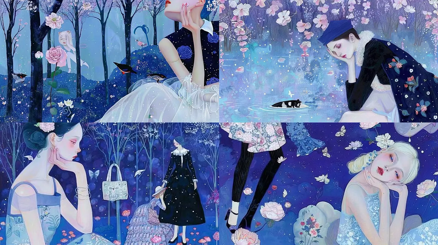 Ethereal Nocturne: A Dreamy Synthesis of Starry Romance and Delicate Floral Hues - Midjourney sref style