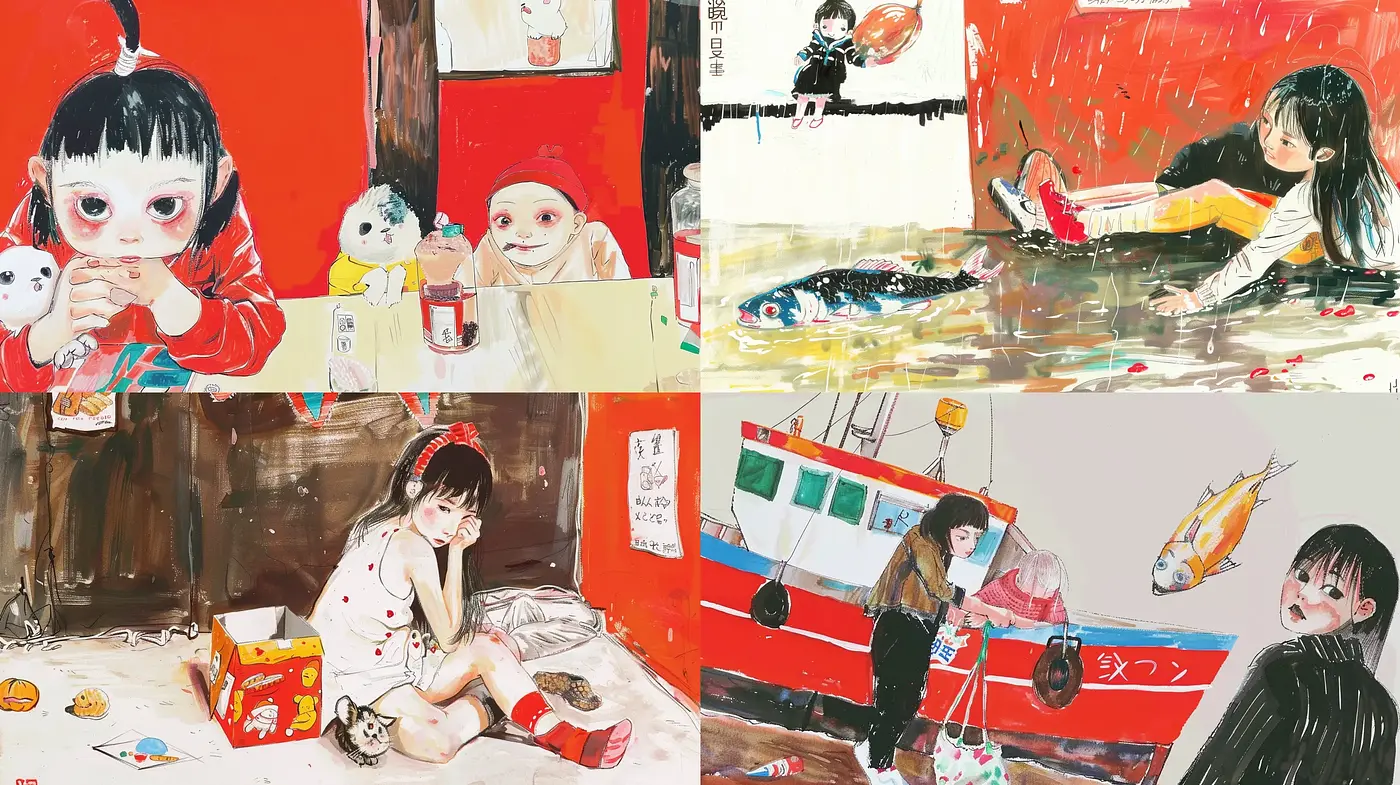 Vibrant Tales of Innocence: A Glimpse into Childlike Wonder through Expressive Brushwork and Vivid Colors - Midjourney sref style