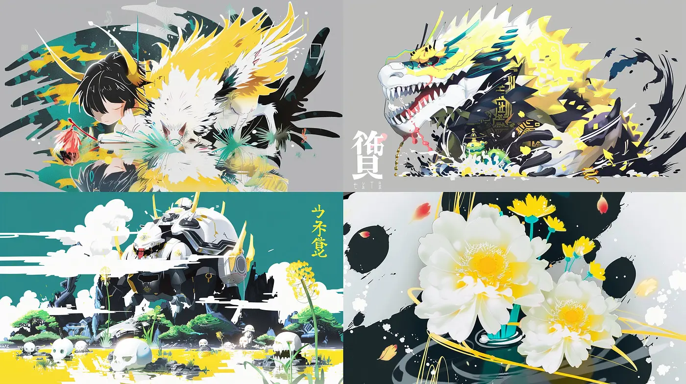 Dynamic Elegance in Monochromatic Hues with Vivid Accents - Midjourney sref style