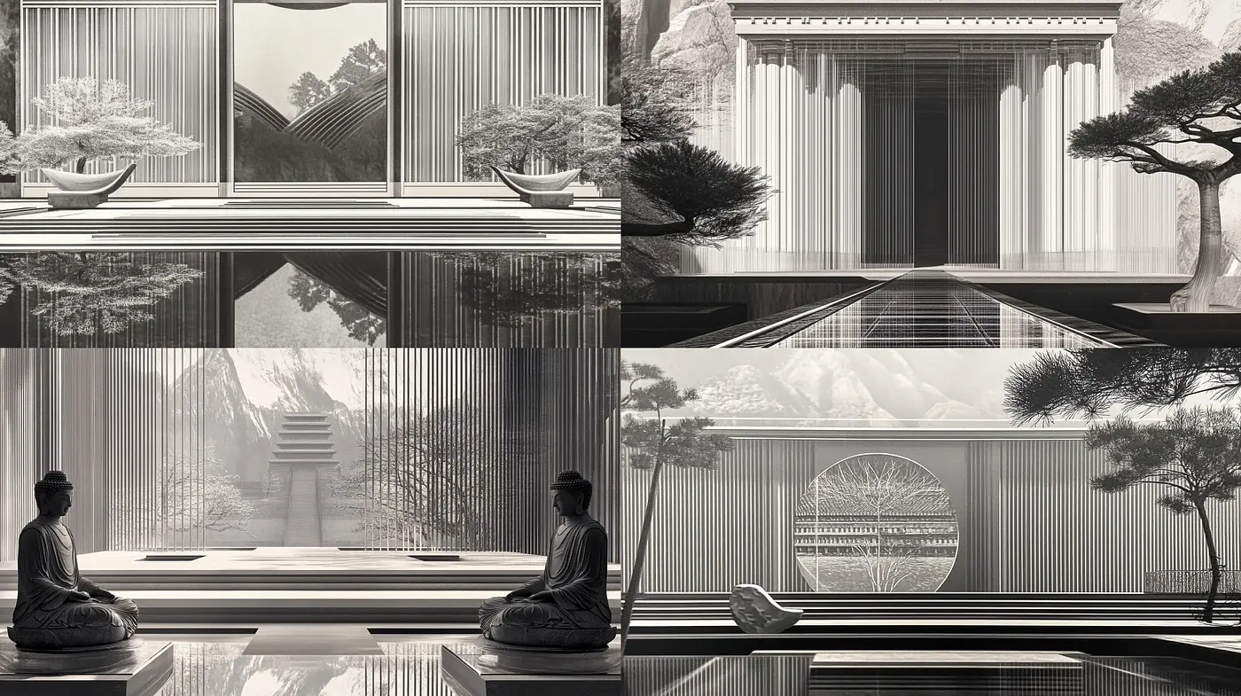 Monochromatic Zen Harmony in Motion - Midjourney sref style