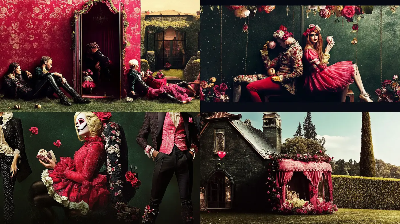 Baroque Elegance with Gothic Twists: A Symphony of Crimson and Shadows - Midjourney sref style