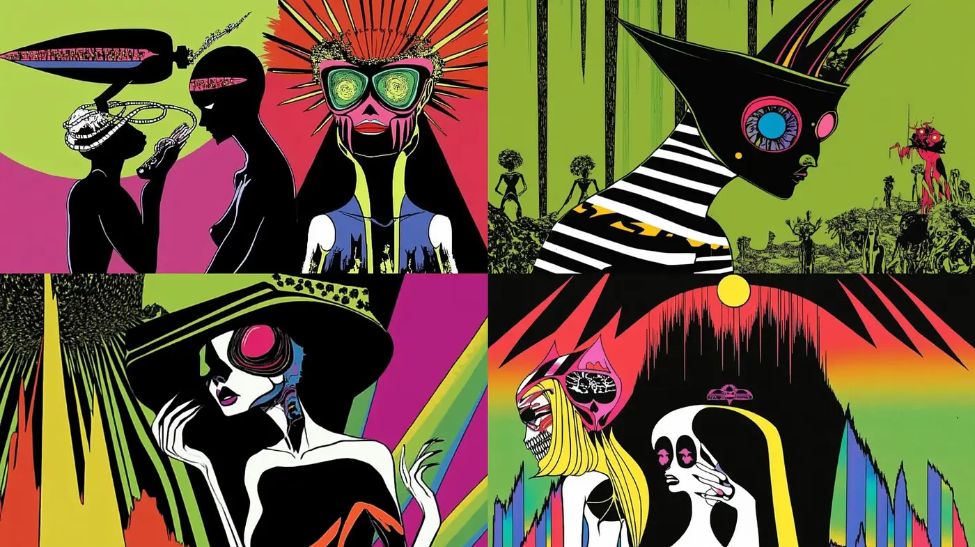 Vibrant Retro Pop Fusion with Surrealist Undertones - Midjourney sref style