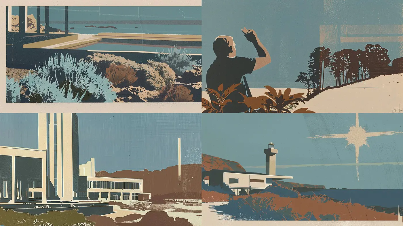 Serene Mid-Century Coastal Elegance in Muted Earth Tones - Midjourney sref style