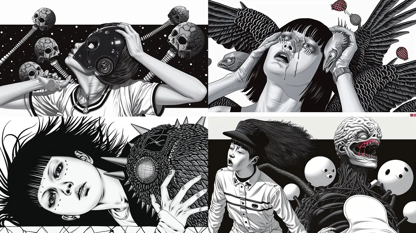 Monochromatic Dreamscape: A Surreal Blend of Hyperrealism and the Macabre - Midjourney sref style