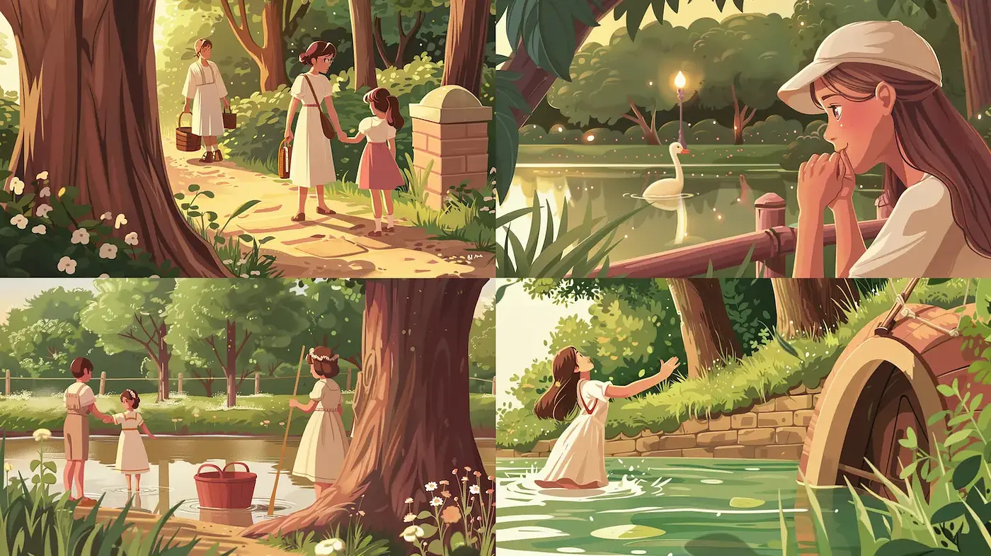 Whimsical and Serene Landscape with Nostalgic Characters - Midjourney sref style