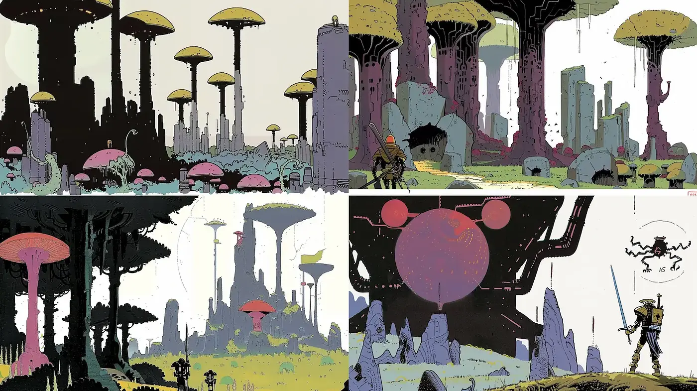 Surreal Landscape Art with Distinctive Color Play and Organic Forms - Midjourney sref style