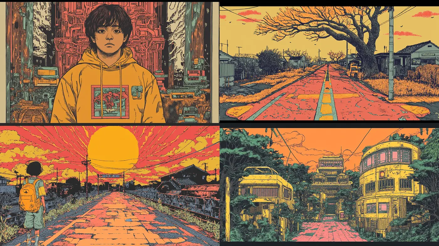 Sunset Hues in Crosshatched Dreamscape - Midjourney sref style