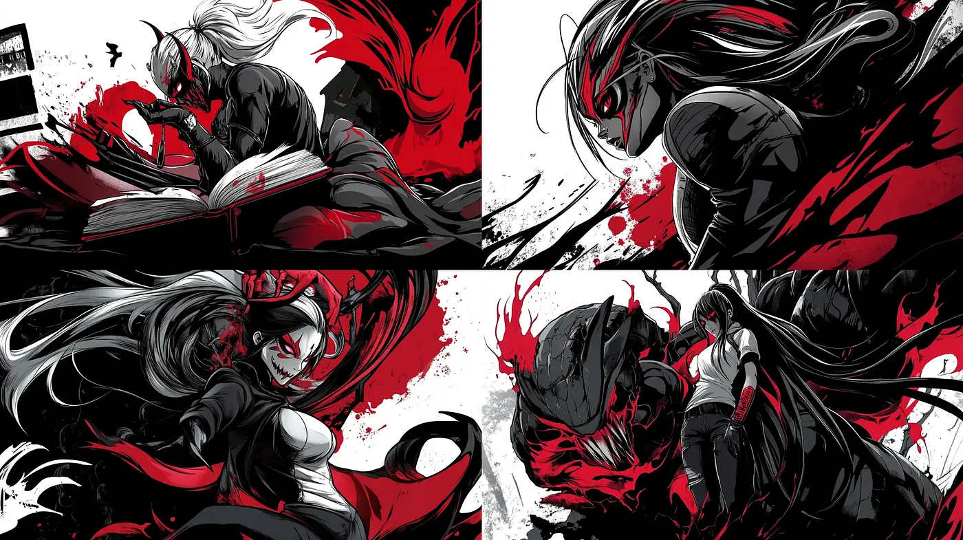 Dynamic Noir Manga Essence with Striking Red Accents - Midjourney sref style