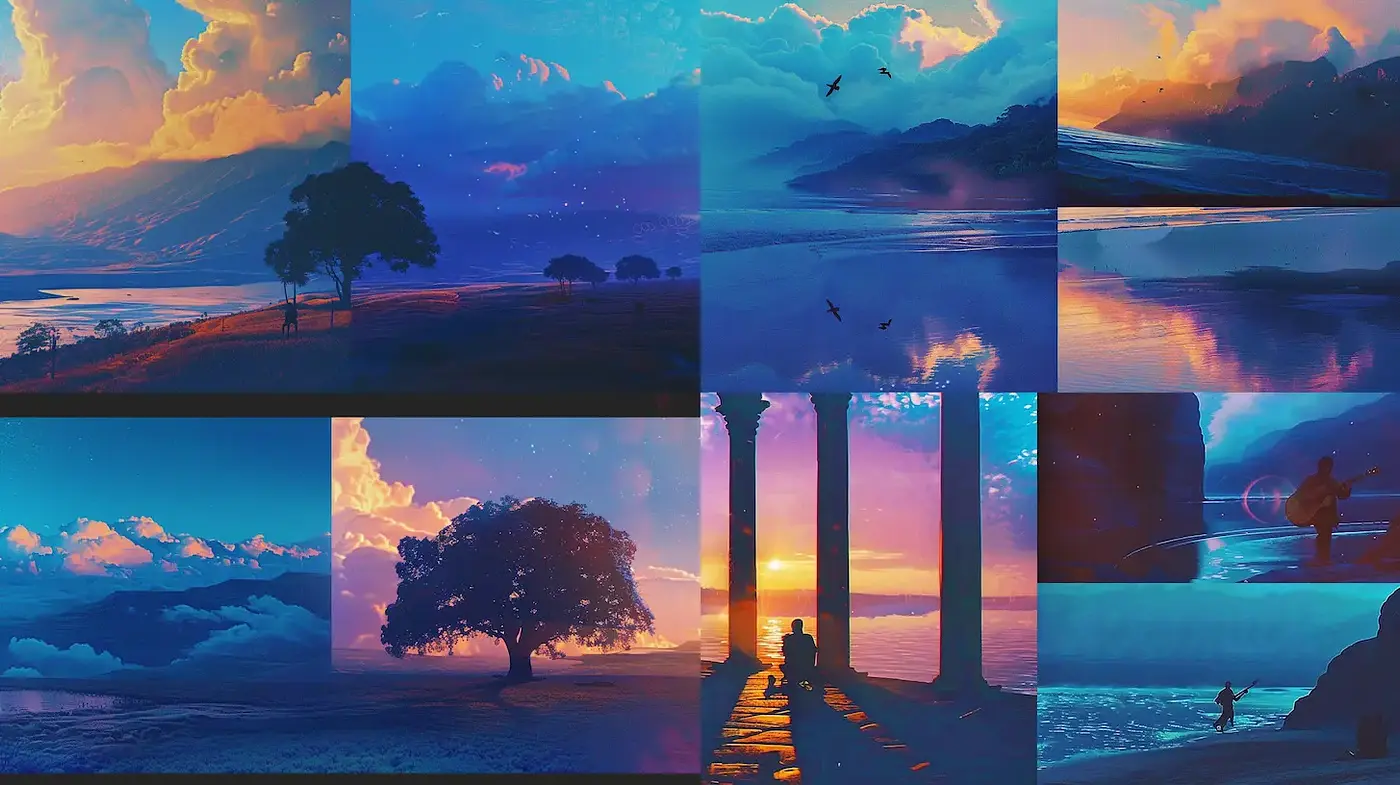 Contrast of Vibrant Skies and Serene Landscapes with Dreamlike Aesthetic - Midjourney sref style
