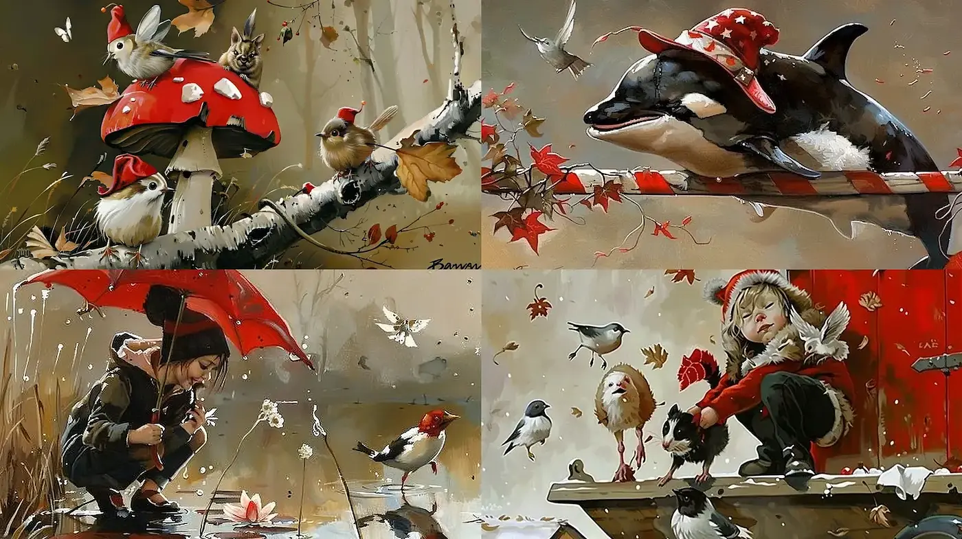 Charming and whimsical narrative with nature themes and a playful aesthetic - Midjourney sref style