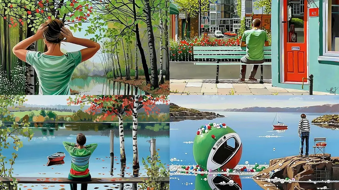 Calm and Reflective Outdoor Scenes with a Touch of Whimsy - Midjourney sref style