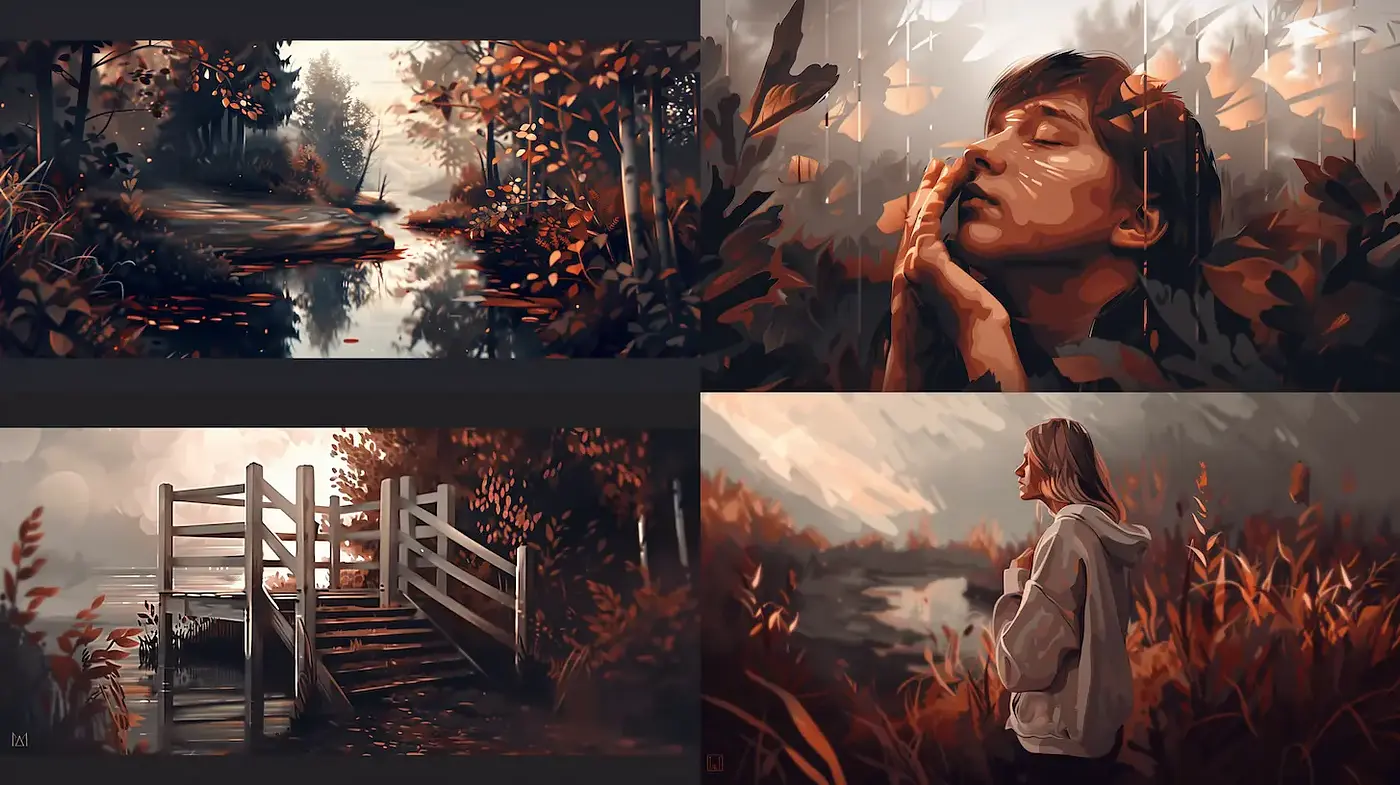 Richly Textured Autumnal Imagery with a Reflective and Poignant Mood - Midjourney sref style